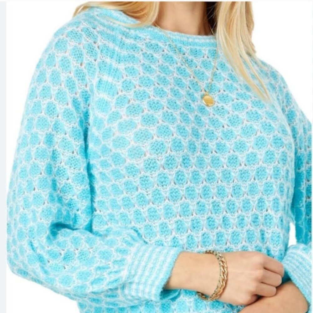 Lilly Pulitzer Corabelle Sweater Medium Blue Knitted Wool blend Honeycomb